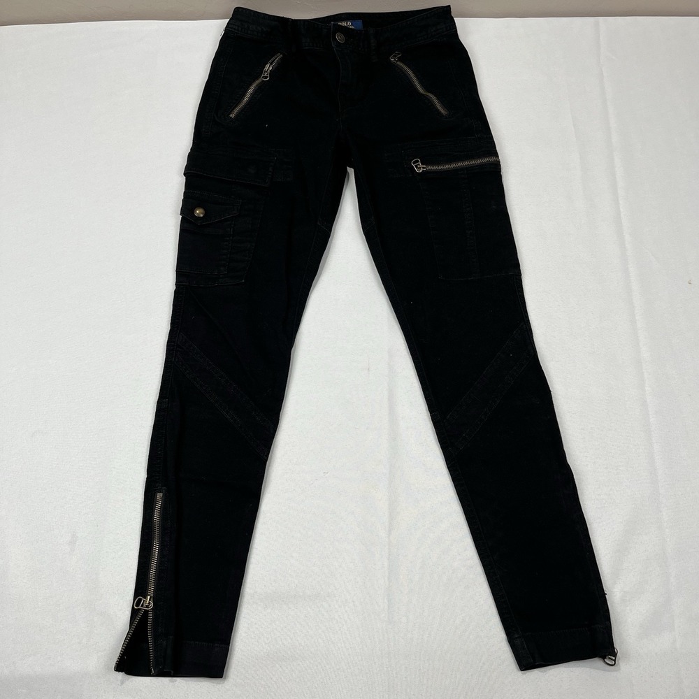 Polo Ralph Lauren Women's Size 6 Black Utility Zip Pocket Skinny Leg Cargo Pants